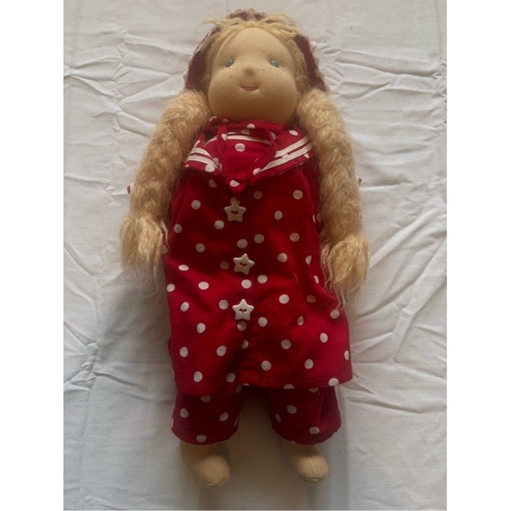 Vintage  Kathe Kruse Waldorf Fabric Rag Doll Red Polka Dot Pajamas Sailor Collar
